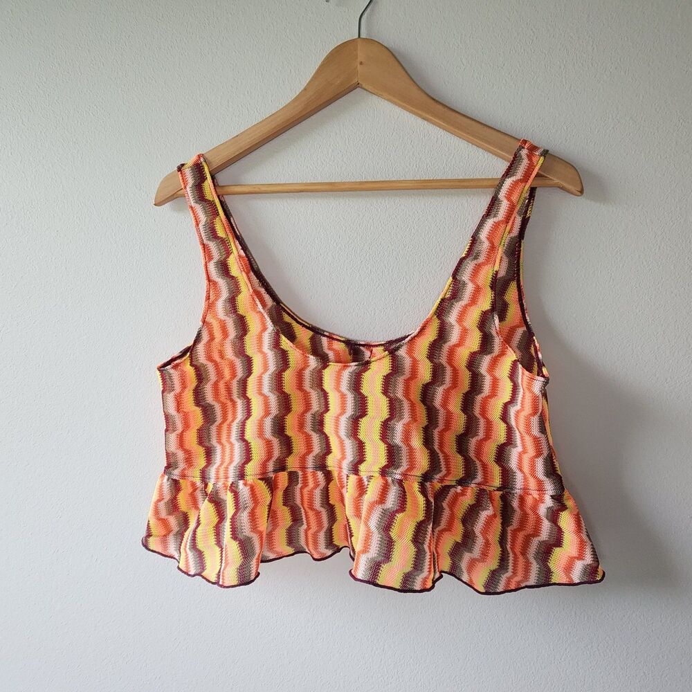 Hurley Zumba Stripe Flounce Crop Tank Top Women’s Multicolor Mesh Ruffle Hem Y2K